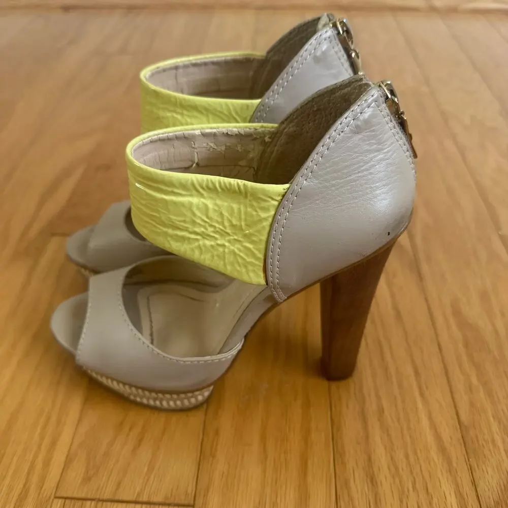 Biondini  sz‎ 6 Gray Yellow Sandals Open Toe Leather Ankle Strap platform heels
